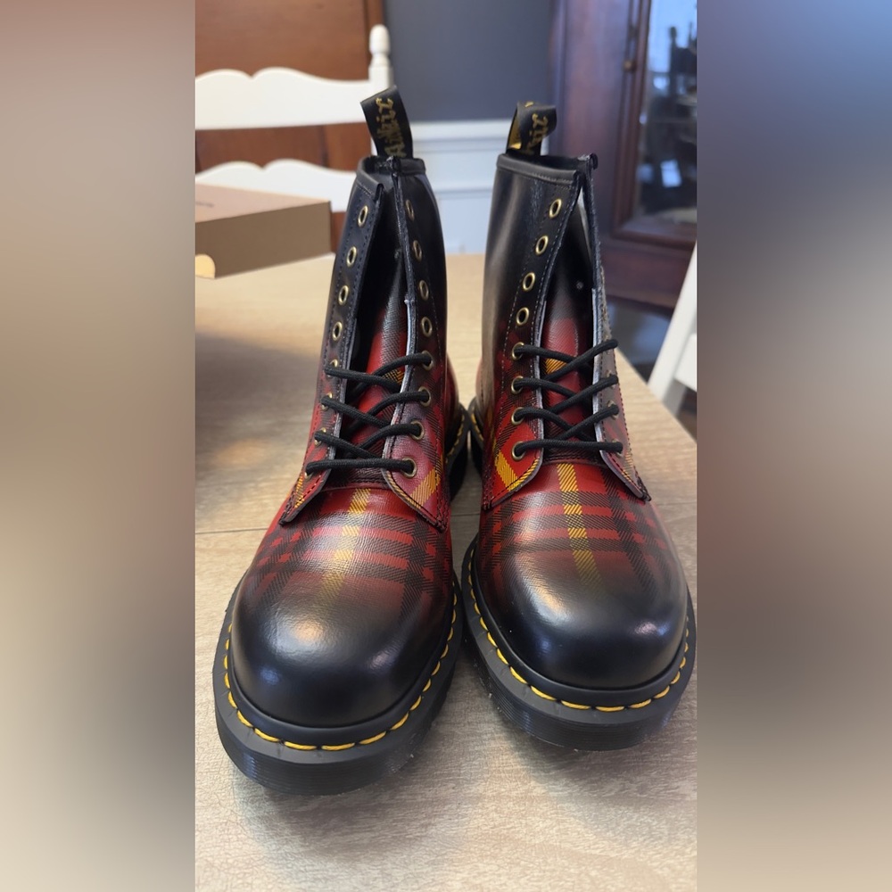 Dr. Martens Black and Red Plaid Men's Boots - Picture 5 of 9
